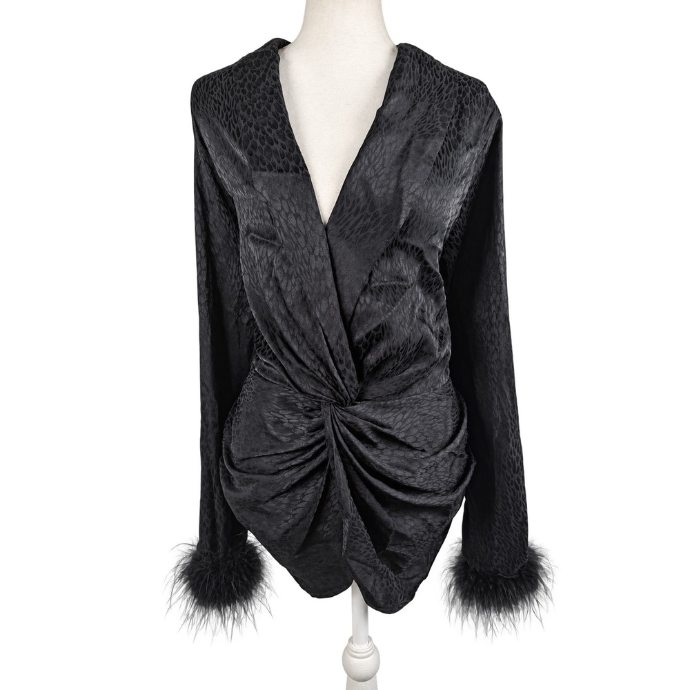 Intempo Blouse Womens 1X Black Jacquard Twist Front Removable Feather Cuffs Y2K